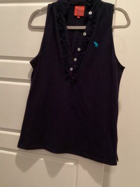 Tracy Negoshian Navy Sleeveless Ruffle V-Neck Top with Logo
